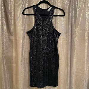 Bear Dance Women’s Medium Black Sequin Evening Sleeveless MIDI Dress Back Zip